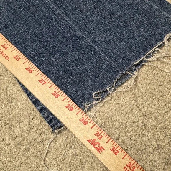 Mother The Weekender Fray Faded Flare Blue Walking On Coals Jeans 31x30 Raw Hem